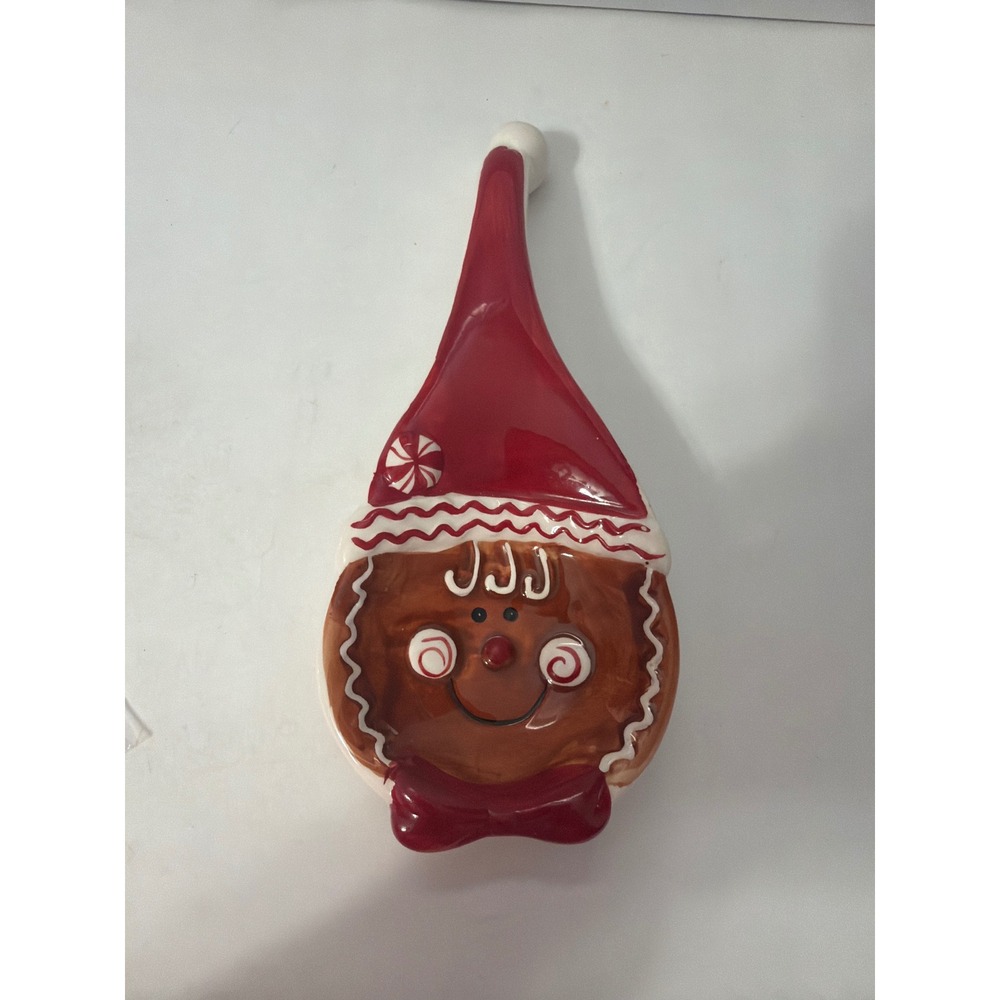 Christmas Gingerbread Man Ceramic Spoon Rest Red Santa Hat Holiday Decor